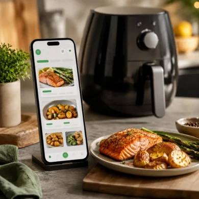 Smartphone con aplicación de recetas de airfryer delante de una freidora de aire y un plato de salmón con verduras y patatas