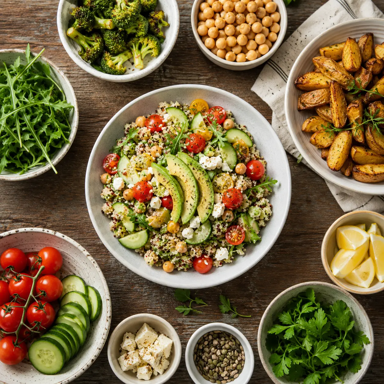 Comida saludable con ensalada de quinoa, verduras y patatas asadas para calcular calorías en airfryer