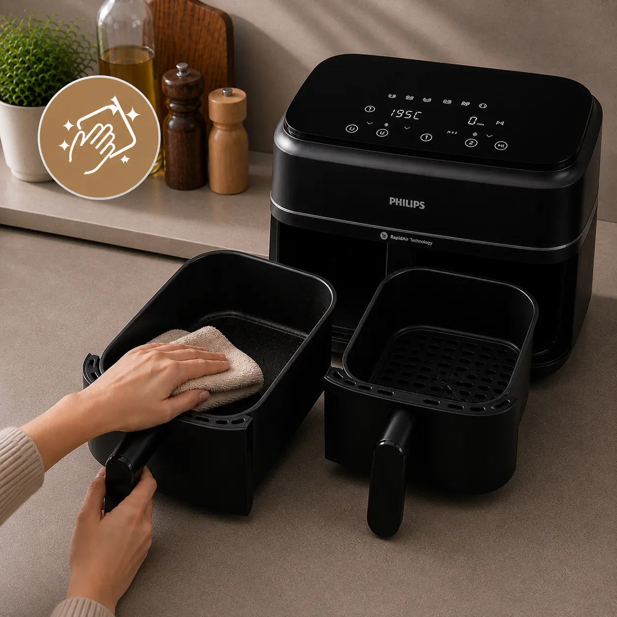Mano limpiando cubeta de freidora de aire Philips con paño tras enfriar para eliminar grasa y restos