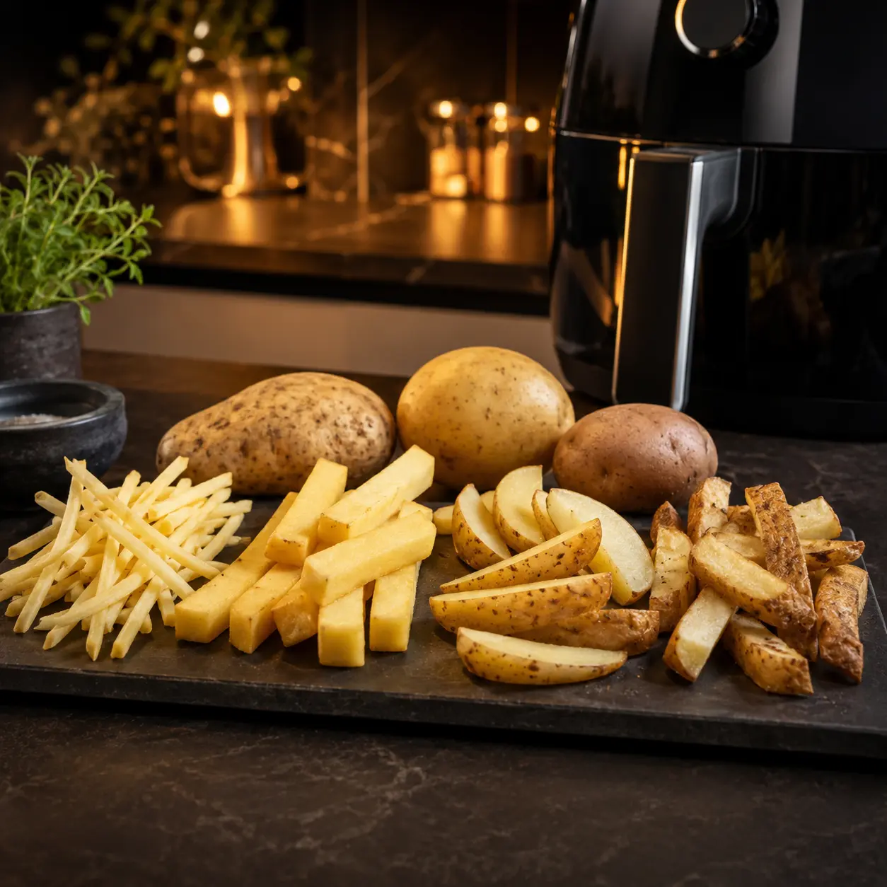 Diferentes tipos y cortes de patata para freidora de aire sobre una tabla, con patatas enteras, corte fino, corte grueso y gajos junto a una airfryer