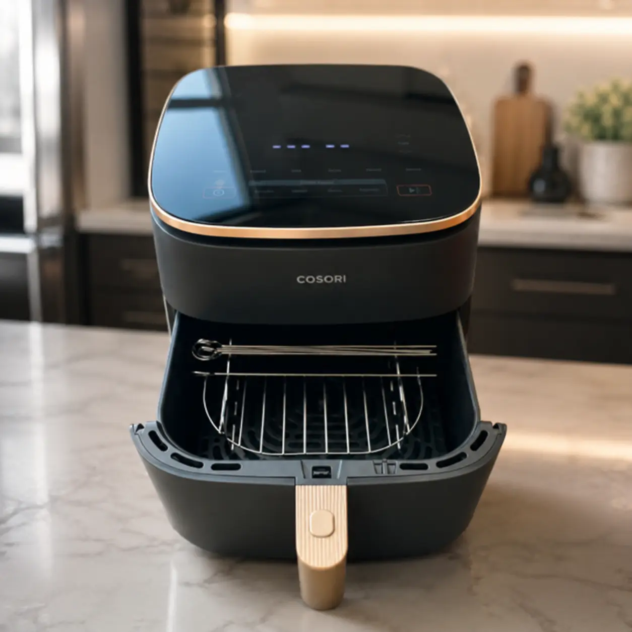Freidora de aire Cosori Turbo Blaze Chef Edition negra con cesta abierta sobre encimera de cocina moderna.