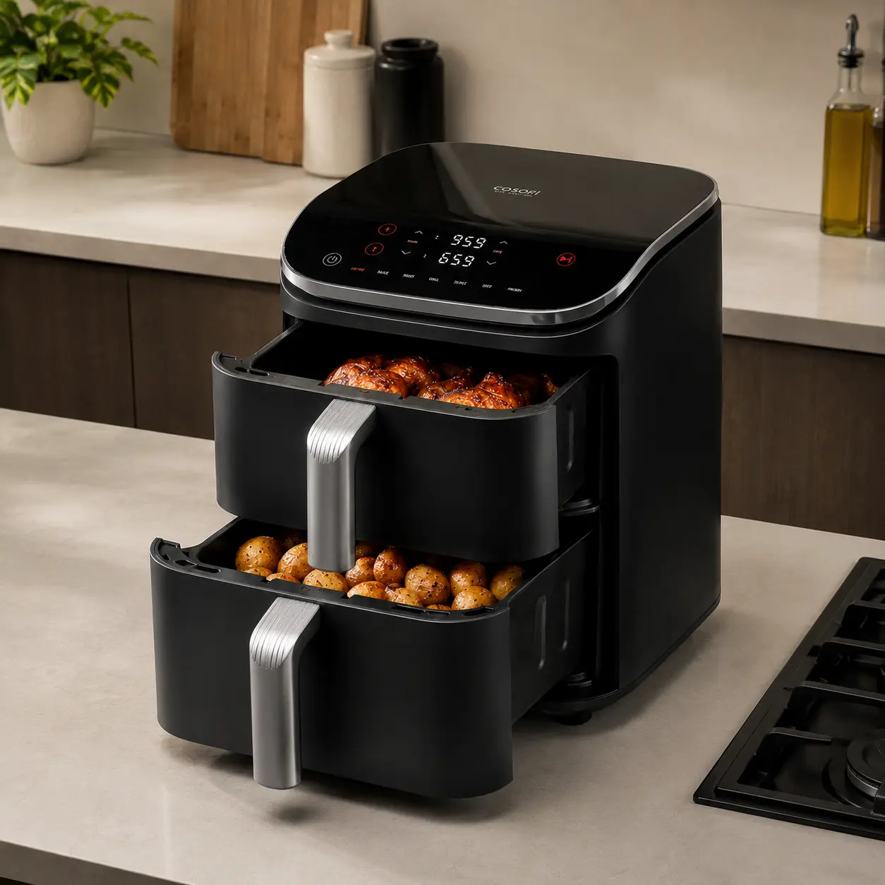 Freidora de aire Cosori Turbo Tower Pro Smart en formato torre con doble cesta vertical.