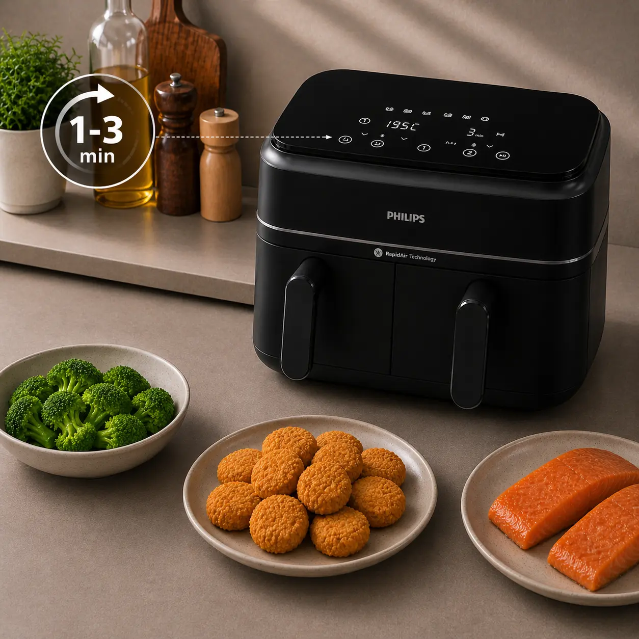 Freidora de aire Philips ajustada a 195 grados y 3 minutos para terminar de dorar los alimentos correctamente