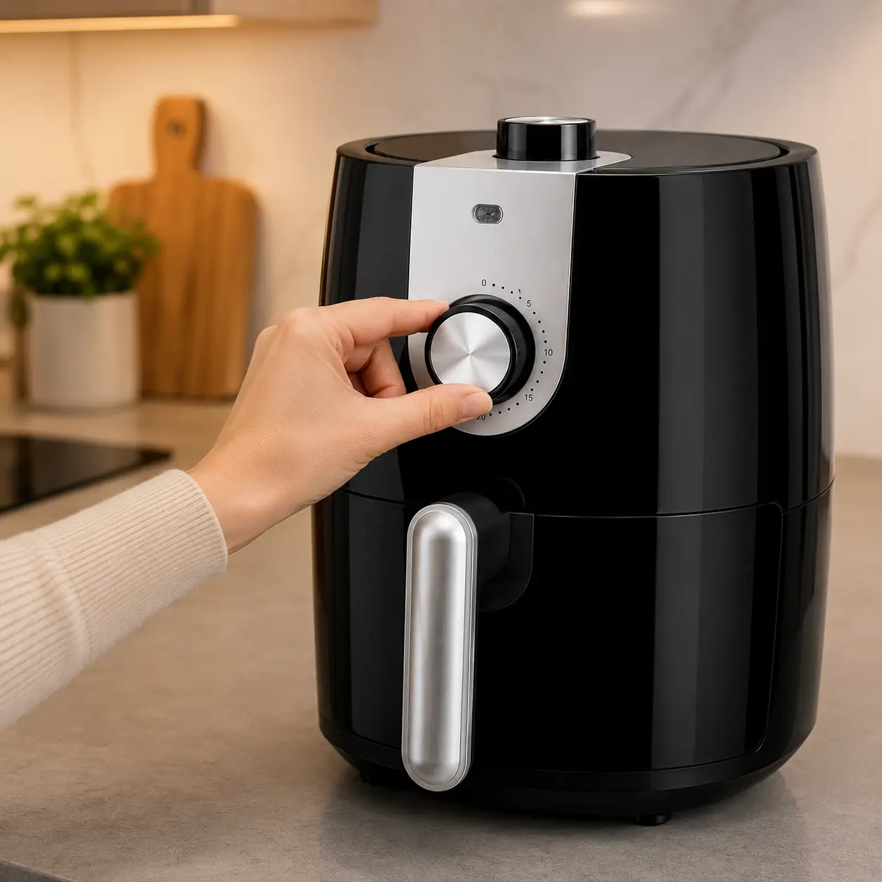 Mano ajustando la temperatura de una freidora de aire Orbegozo según la receta antes de precalentar