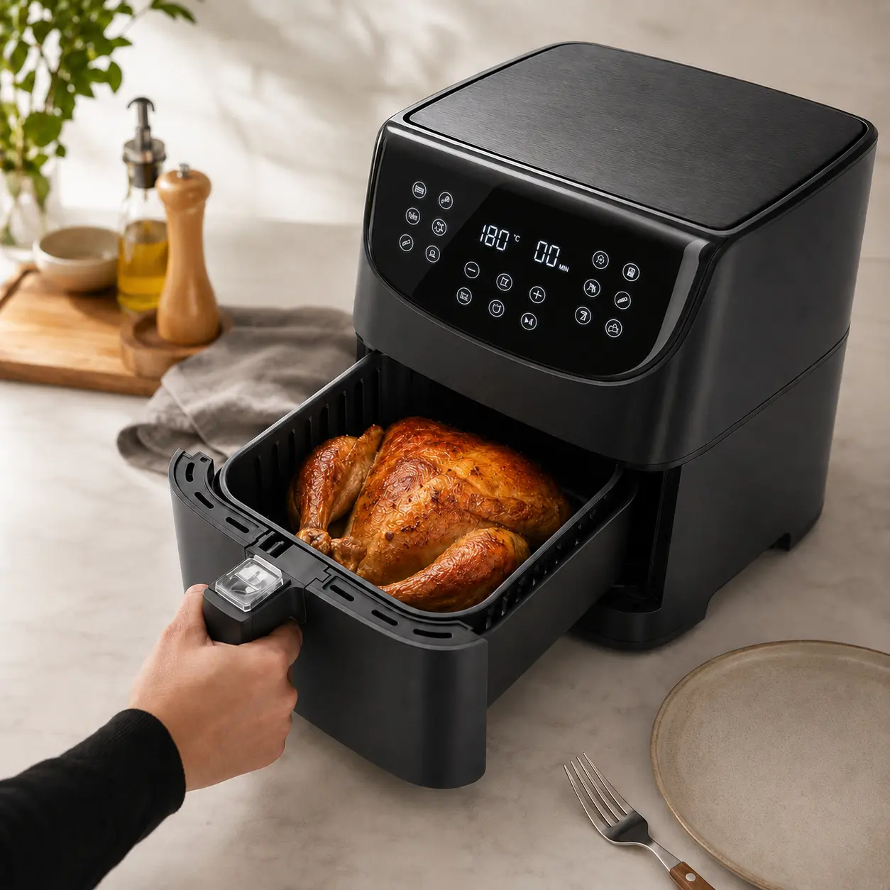 Freidora de aire para 4 personas con pollo entero asado en la cesta