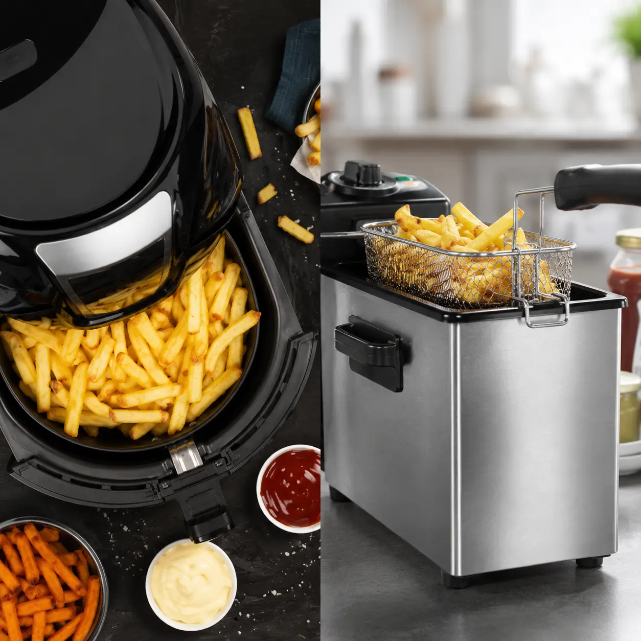 Comparativa visual entre freidora de aire y fritura en aceite con patatas