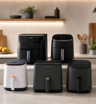 Comparativa de freidoras de aire Cosori con varios modelos sobre encimera de cocina moderna