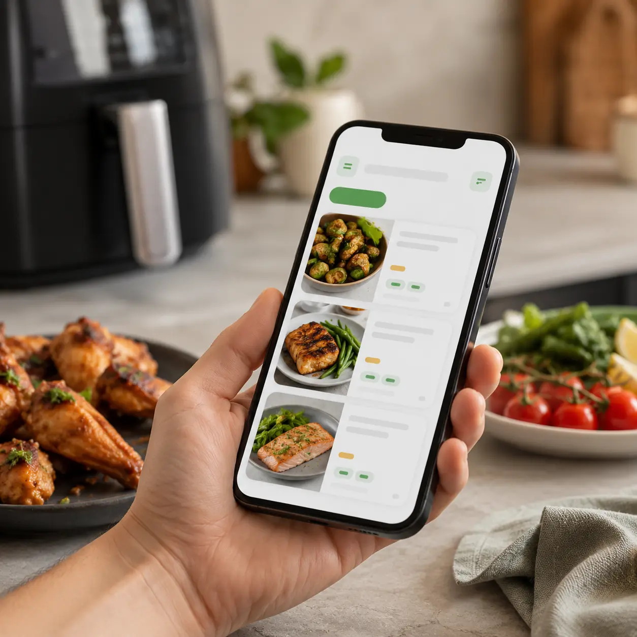 Smartphone con aplicación de recetas de airfryer delante de una freidora de aire y un plato de salmón con verduras y patatas