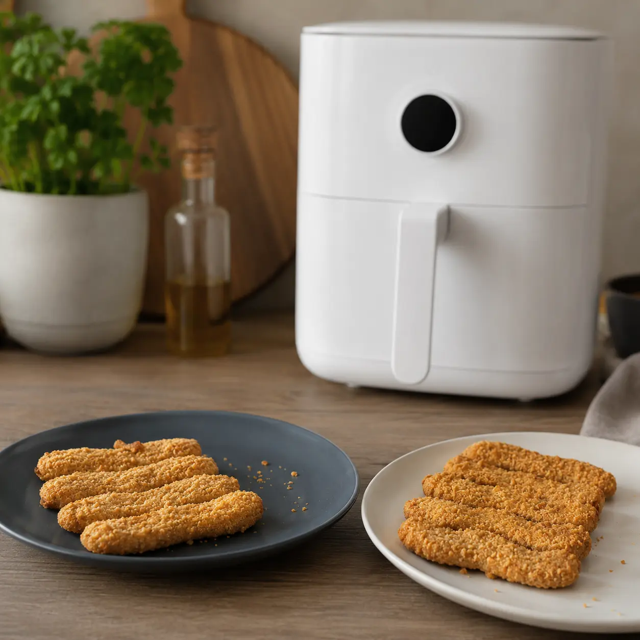 Dos platos con palitos empanados sobre mesa de madera con una freidora de aire Xiaomi blanca en segundo plano
