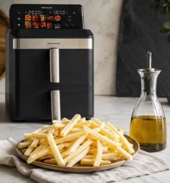 Patatas congeladas en un plato con aceite y freidora de aire Taurus Duo Slim al fondo en una cocina moderna.