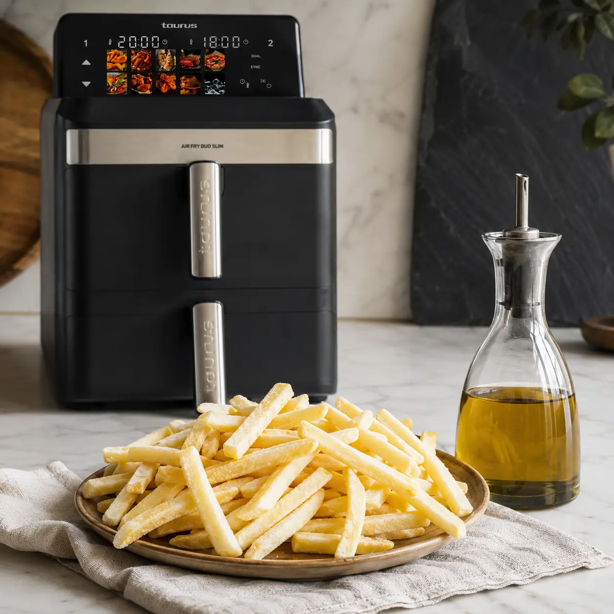 Patatas congeladas en airfryer antes y después de cocinar en freidora de aire