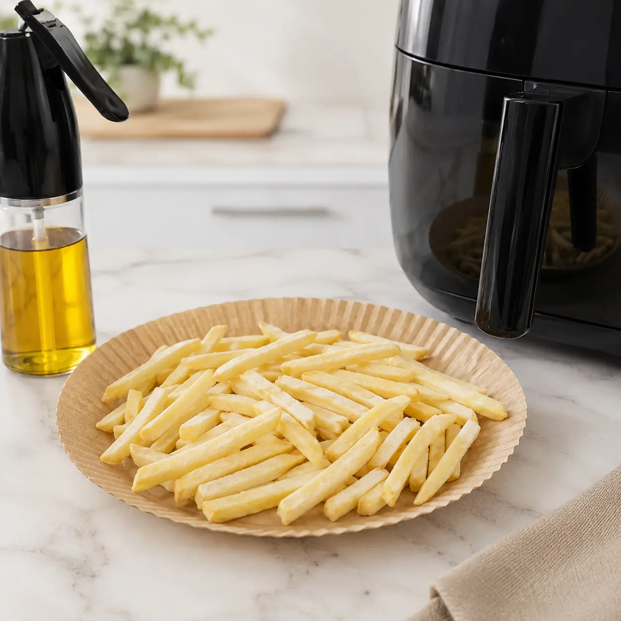 Patatas congeladas sobre papel para freidora de aire, con pulverizador de aceite y airfryer negra al fondo en una cocina clara.