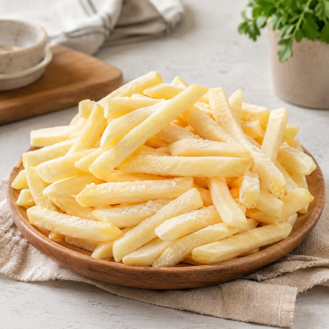 Patatas congeladas en un plato de madera sobre una encimera clara, preparadas para cocinar en freidora de aire.