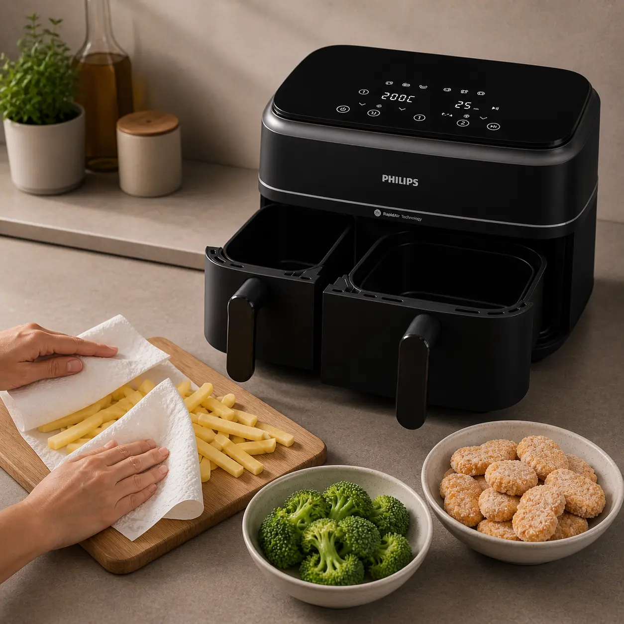 Mano secando patatas cortadas con papel en tabla junto a freidora de aire Philips y boles con verduras