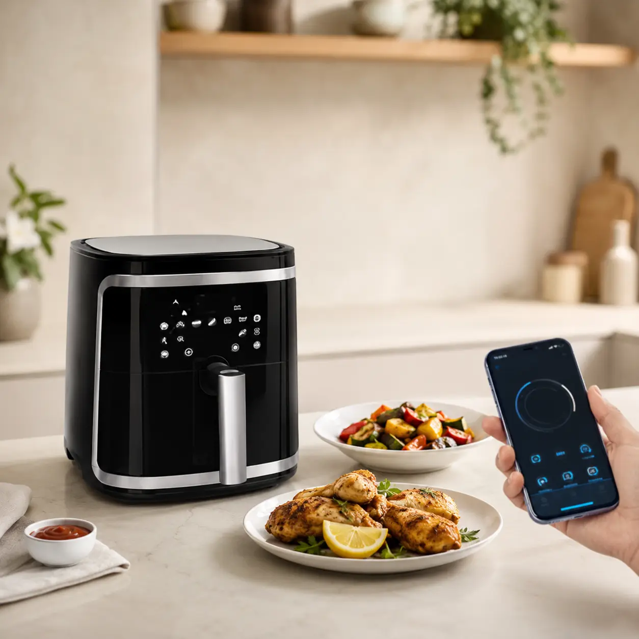 Freidora de aire inteligente en una cocina moderna junto a platos de comida y un móvil con control remoto