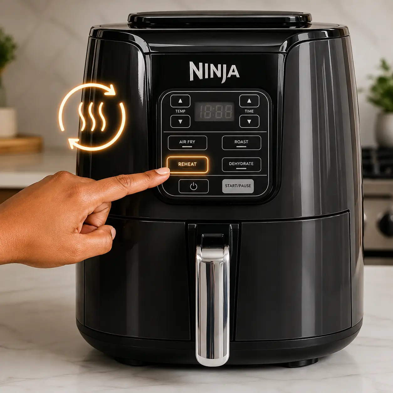 Botón Reheat en una freidora de aire Ninja para recalentar comida