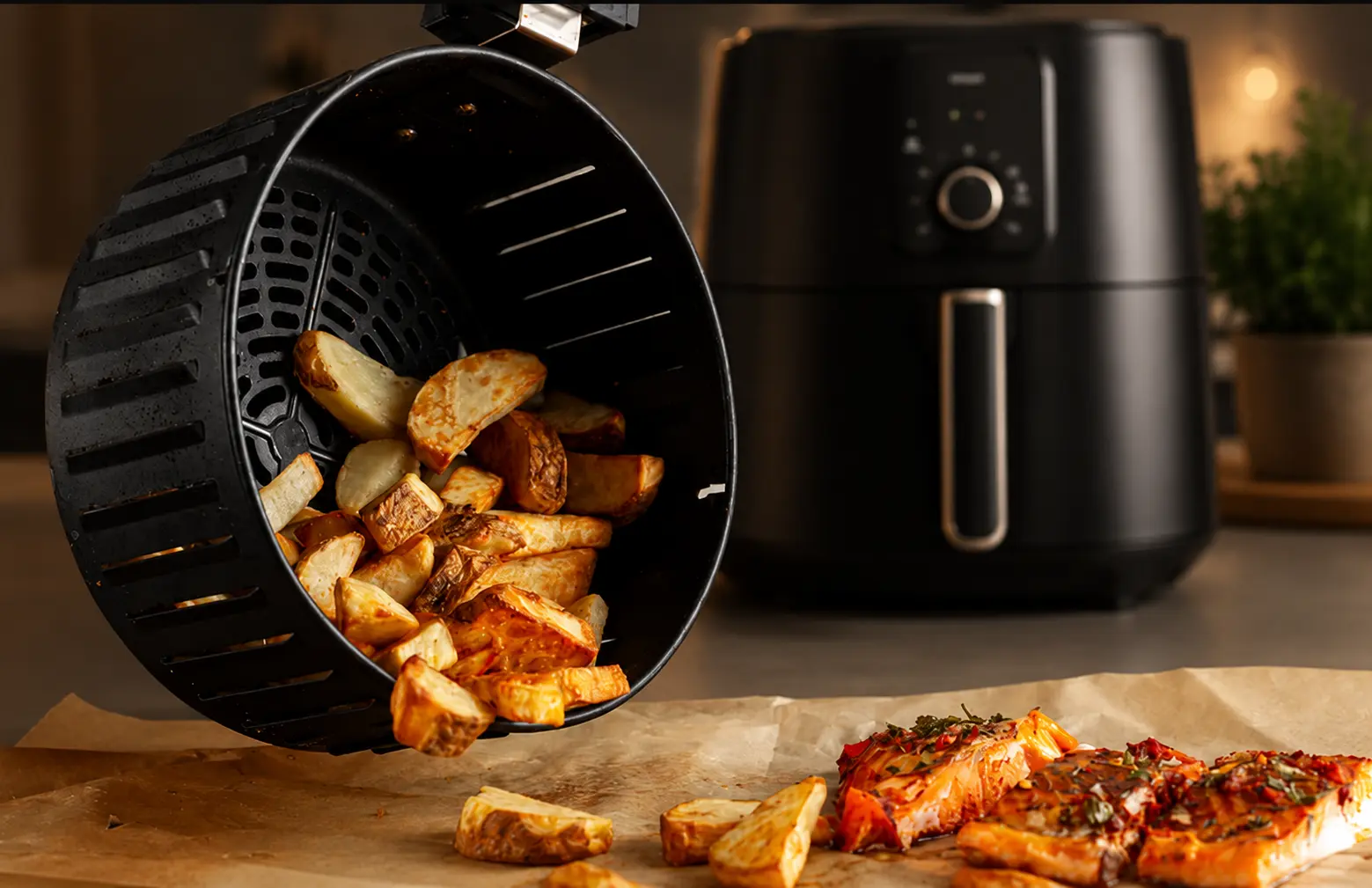 Cesta de freidora de aire con patatas asadas y salmón cocinado, con una air fryer al fondo