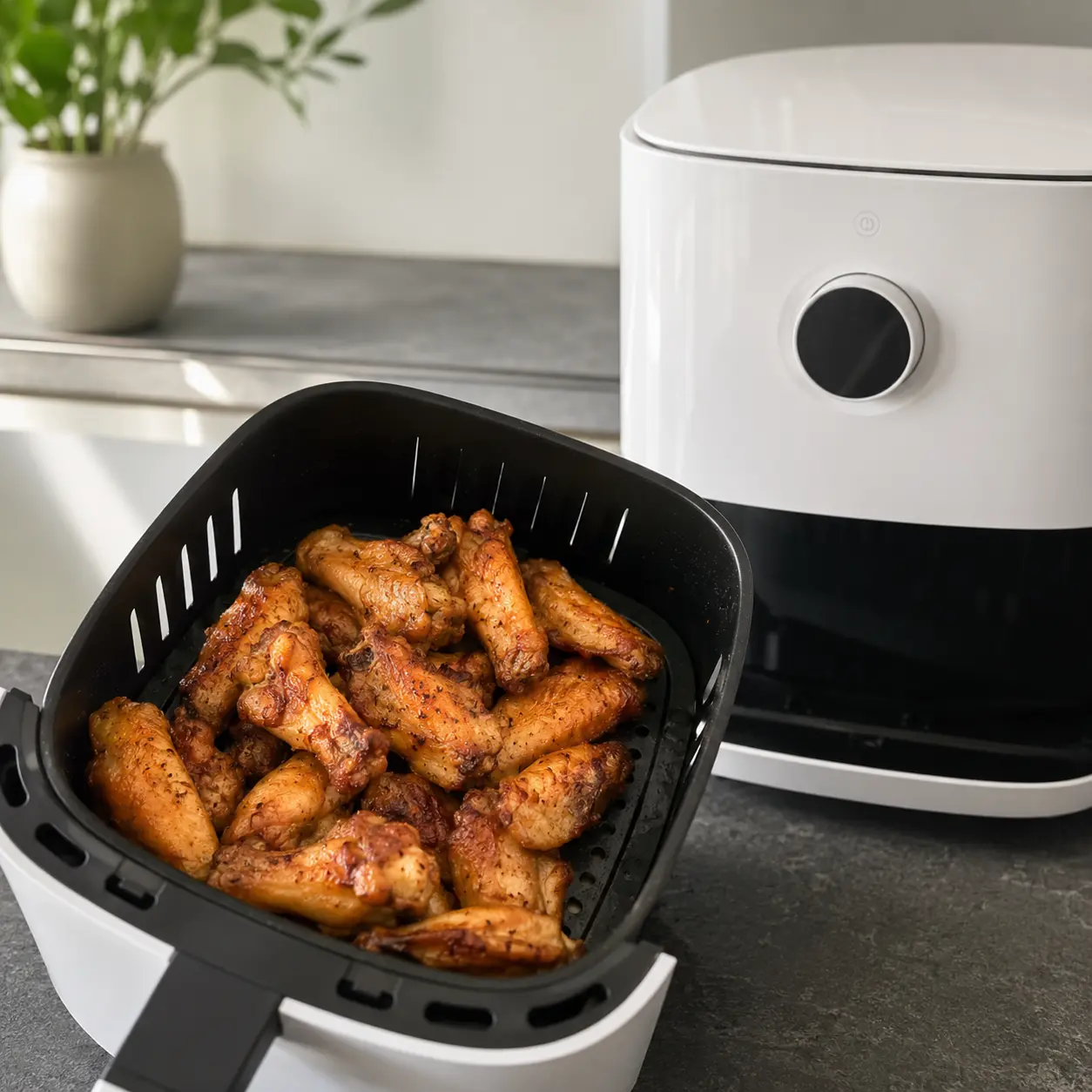 Xiaomi Mi Smart Air Fryer 3,5 L con la cesta abierta y comida cocinada