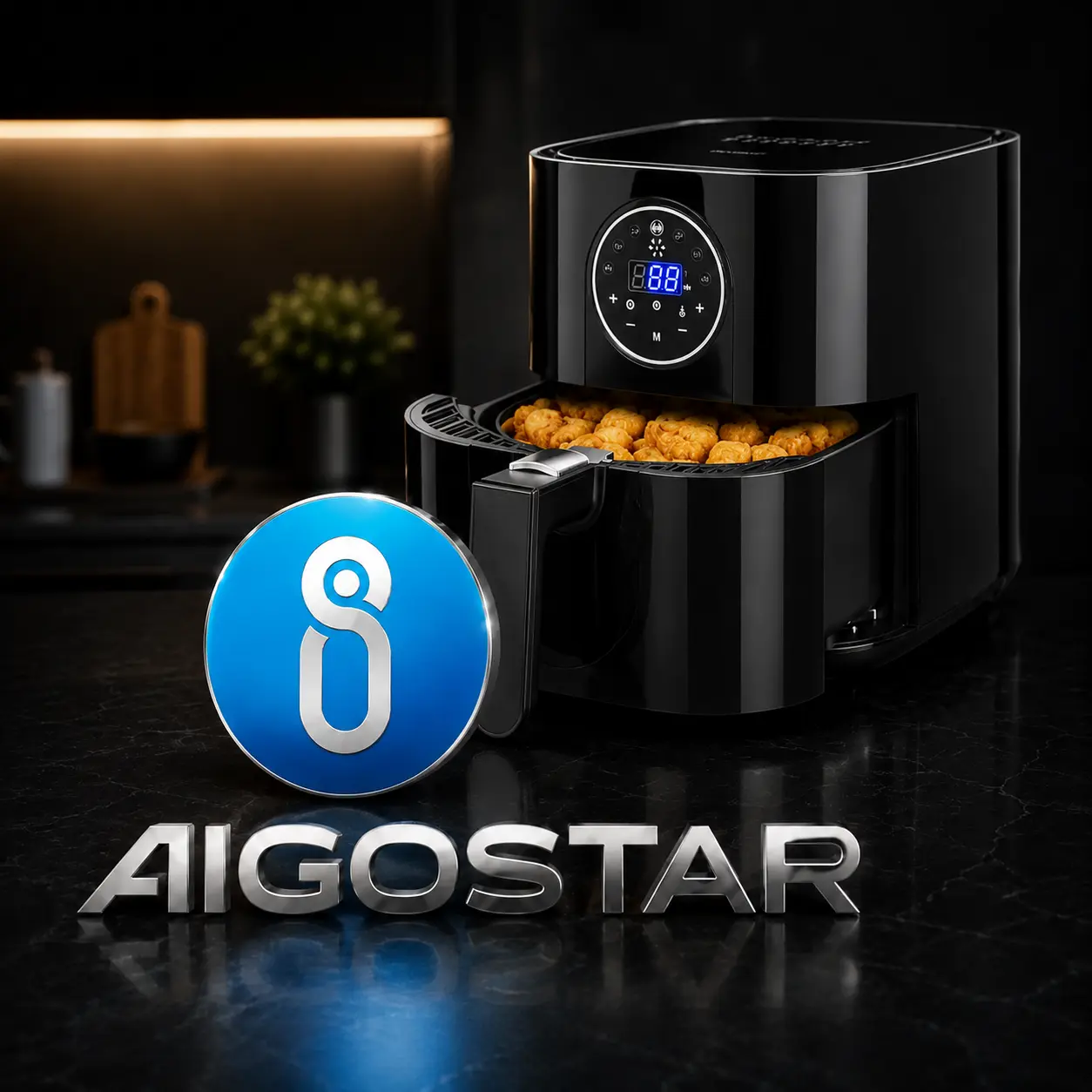 Logo de Aigostar con freidora de aire al fondo en una composición premium