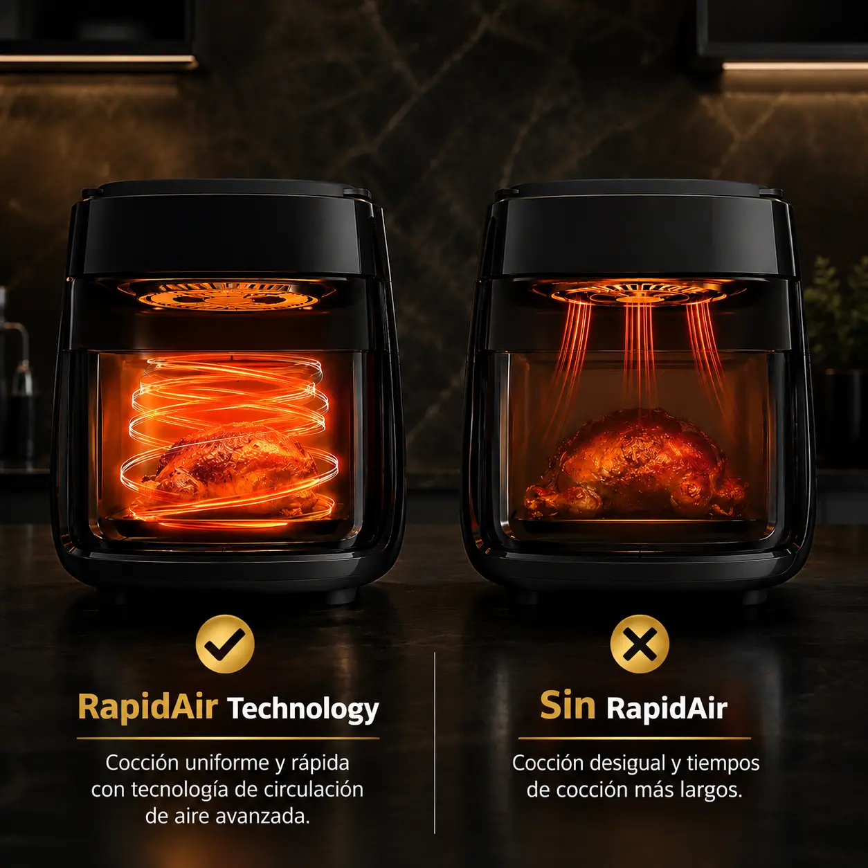 Diseño interior de una freidora de aire Philips con tecnología RapidAir y base en forma de estrella