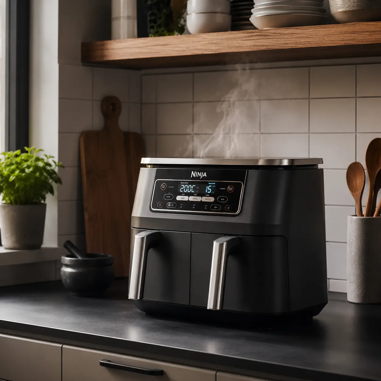 Freidora de aire con pantalla encendida en cocina moderna colocada sobre encimera con espacio de ventilación
