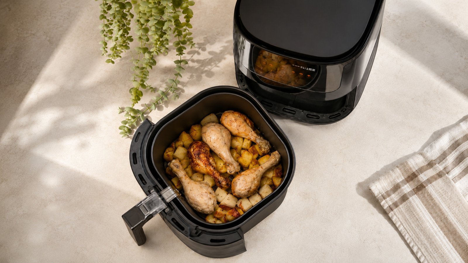 Airfryer abierta con comida cocinada sobre una encimera de cocina