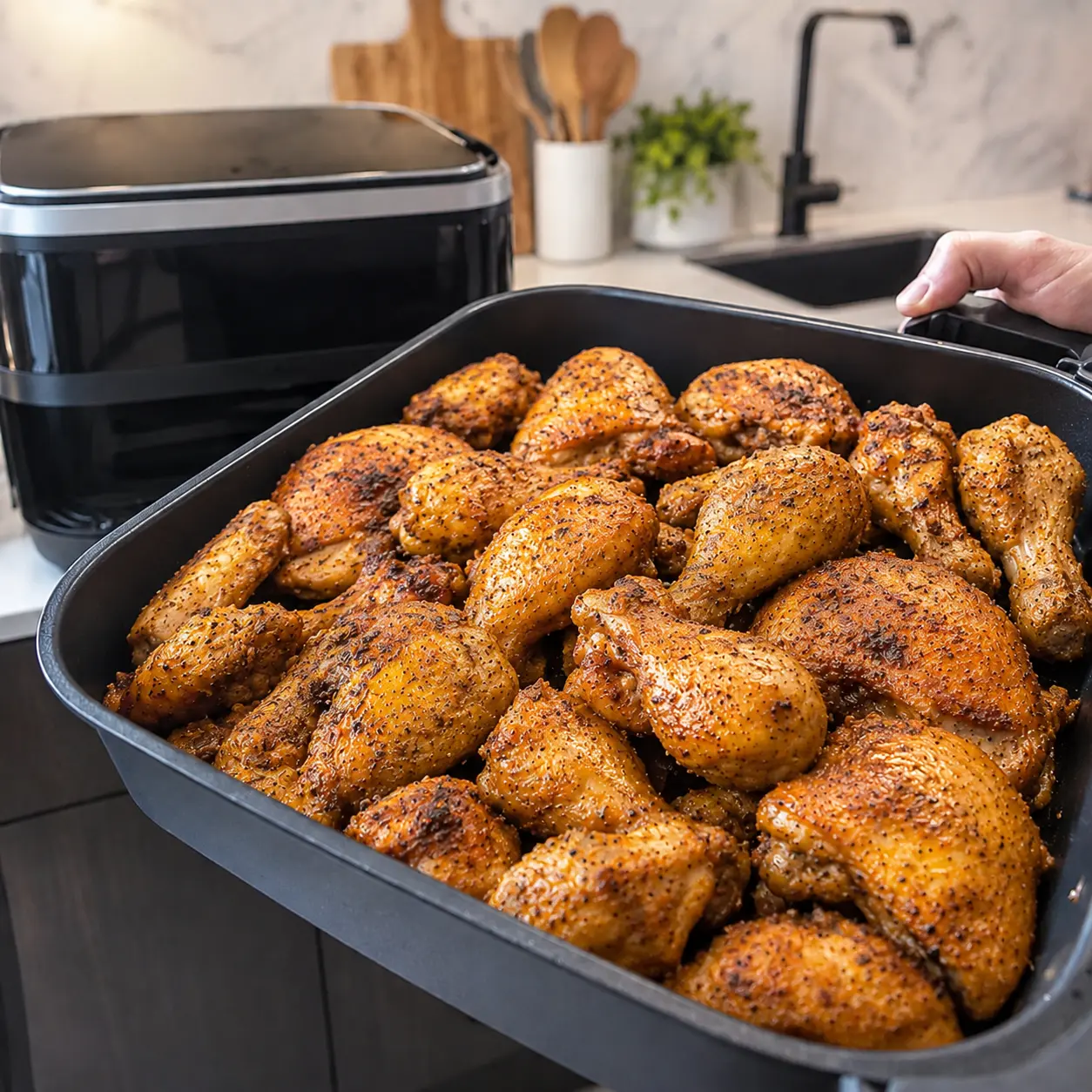 Cesta de freidora de aire demasiado llena con pollo crujiente