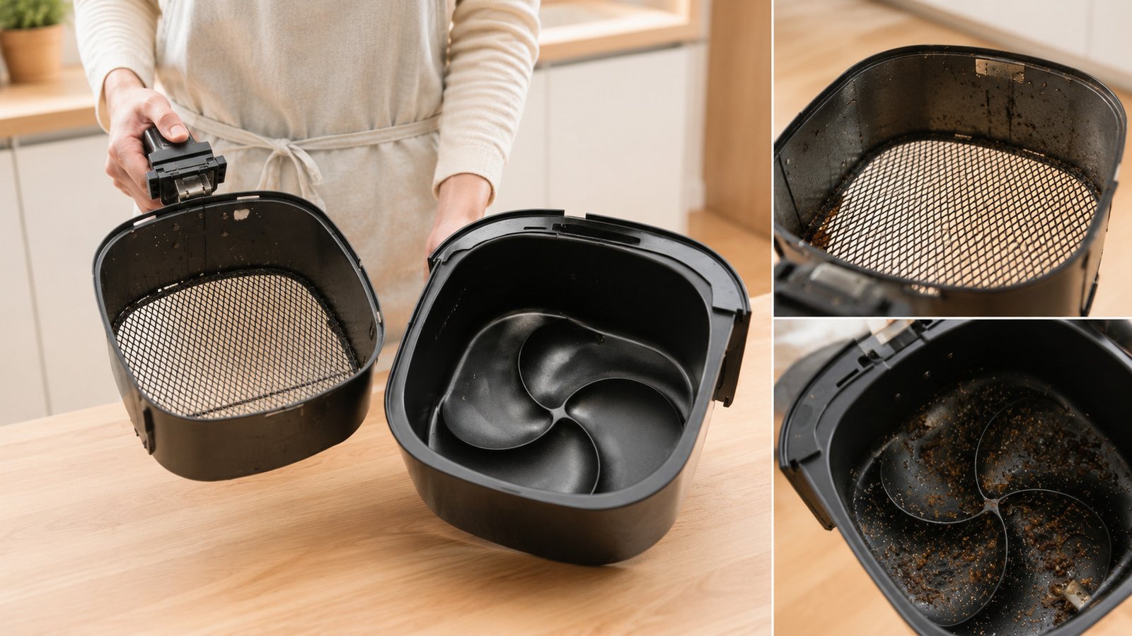 Cesta y cubeta de una airfryer con restos de grasa acumulada