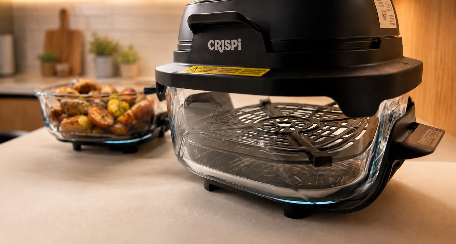 Ninja Crispi para cocinar, servir y guardar en el mismo recipiente Freidora de aire Ninja Crispi con bandeja de cristal y comida cocinada