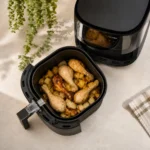 Freidora de aire con cesta llena de pollo y patatas asadas
