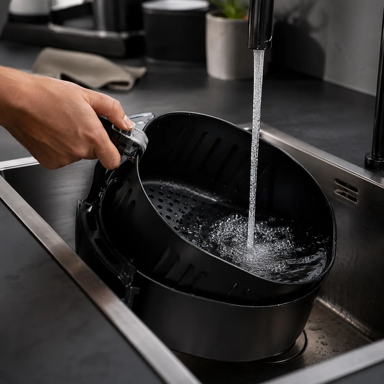 Cesta de airfryer con grasa acumulada